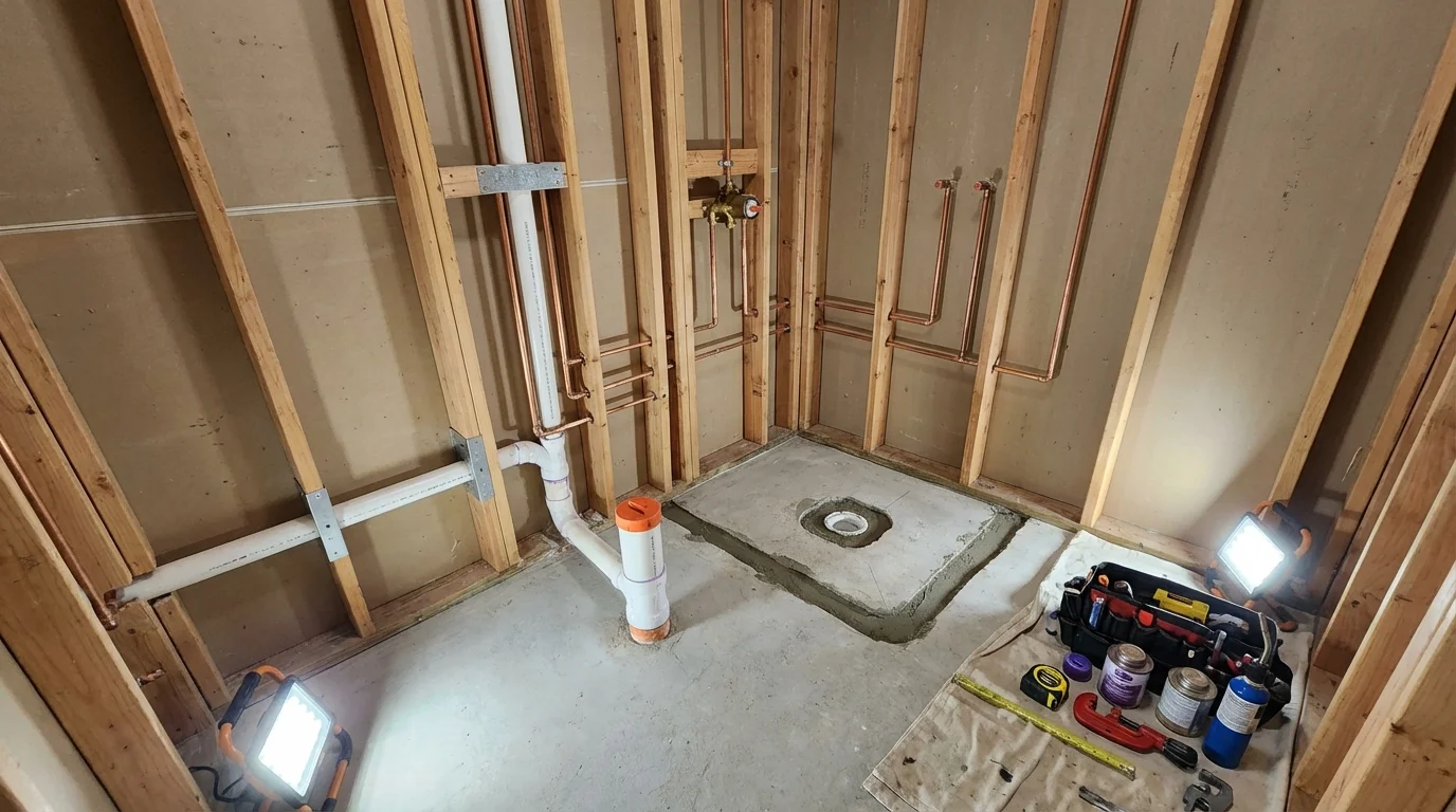 Bathroom rough-in plumbing during remodel by Johns Plumbing LLC in Bloomfield Hills