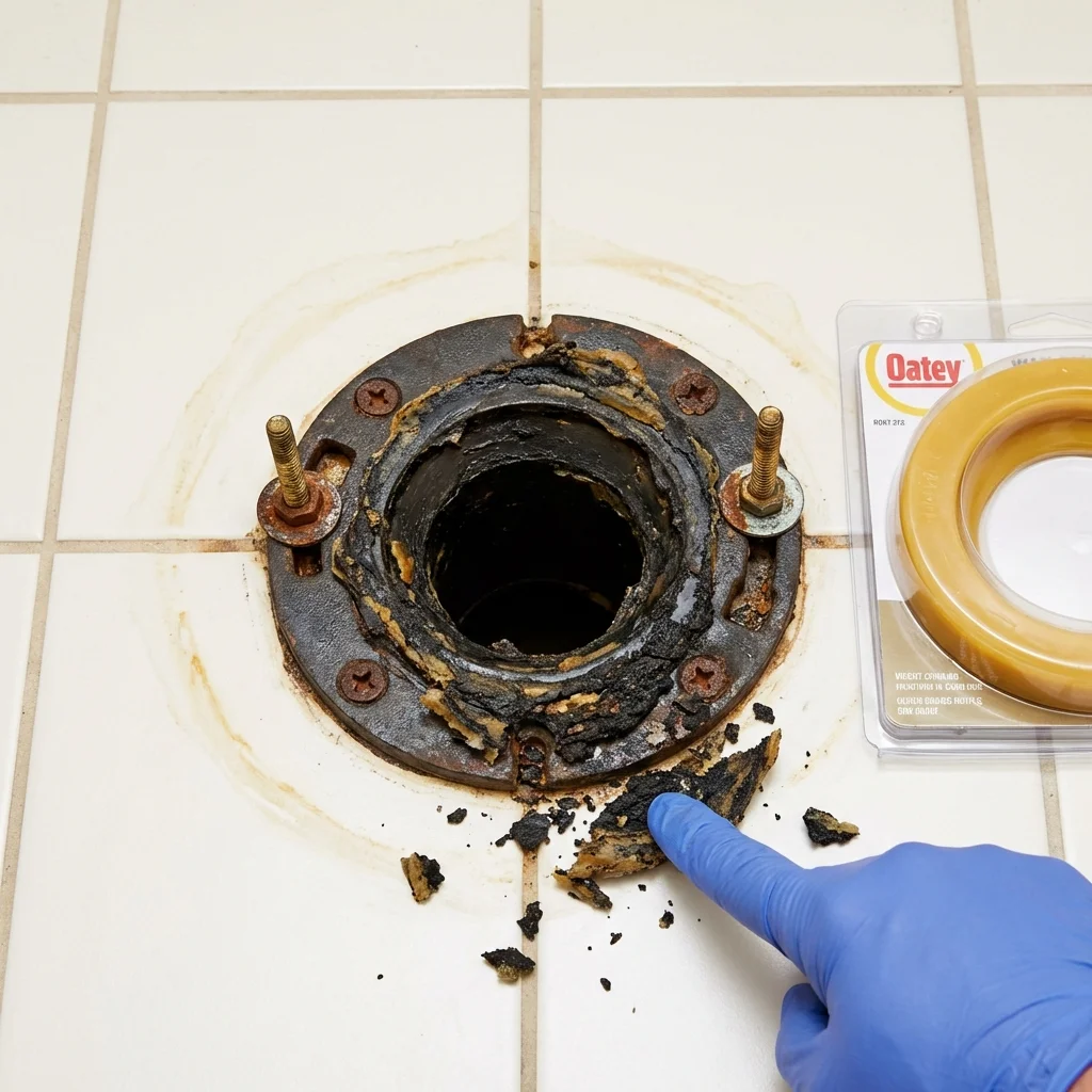 Failed wax ring showing water seepage at the base of a toilet in a Bloomfield Hills, MI home