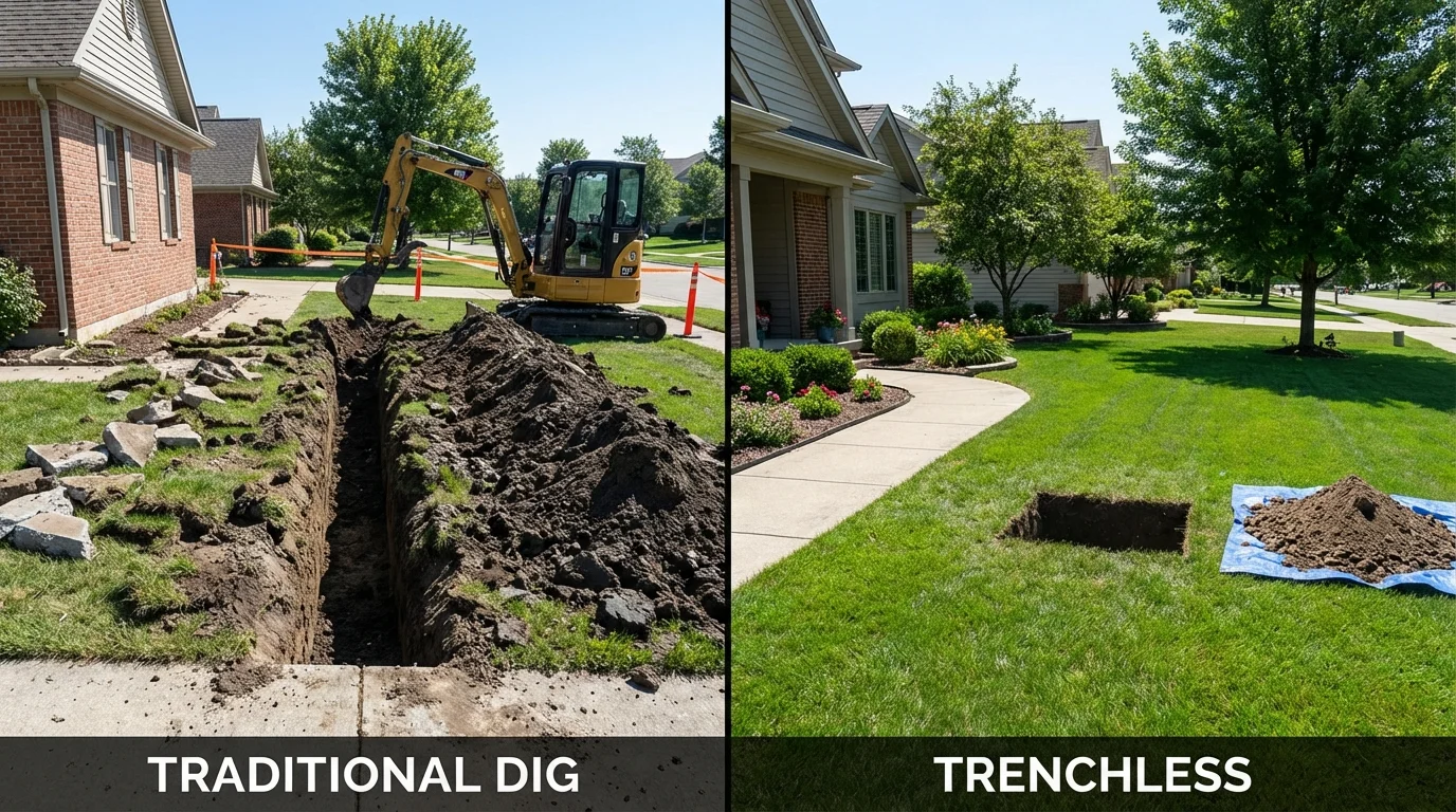 Trenchless sewer repair with minimal yard damage versus traditional excavation in Bloomfield Hills, MI