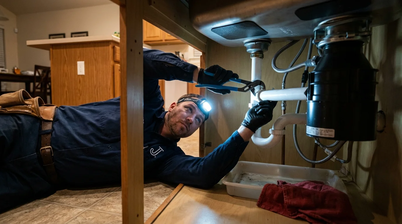 P-trap and supply line connections under a kitchen sink showing a common leak point in Bloomfield Hills, MI